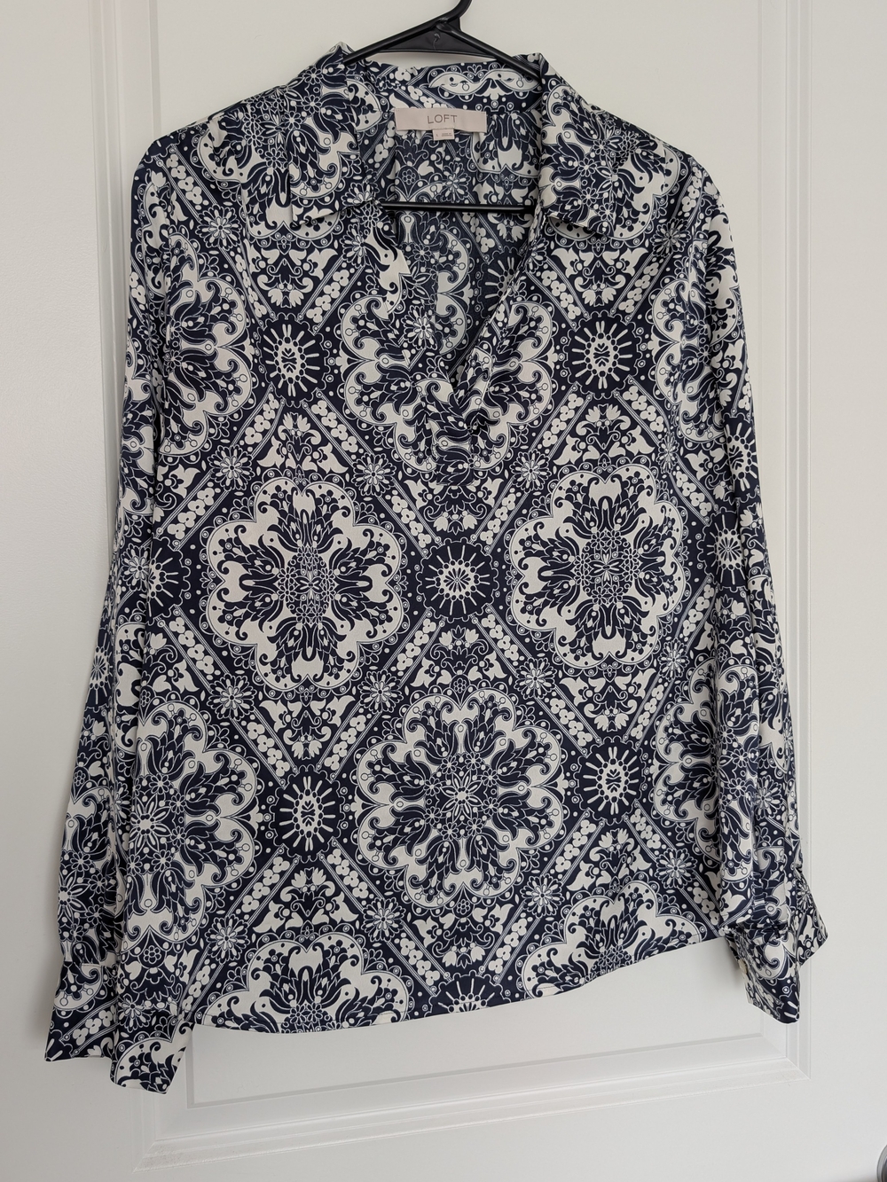 LOFT Navy and White Printed Ruffle-Trim Button Down Shirt